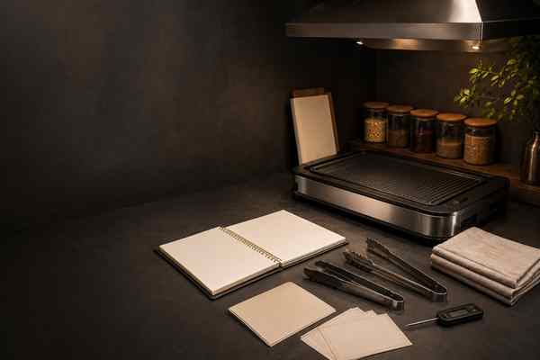 Dark kitchen counter with an open blank spiral notebook, blank cards, stainless tongs, folded linens, a digital probe thermometer, and an electric tabletop grill.
