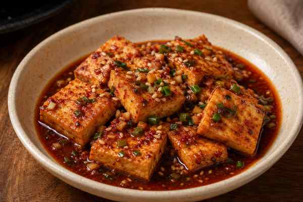 Finished Dubu Jorim Braised Tofu presented in a warm Korean dining setting.