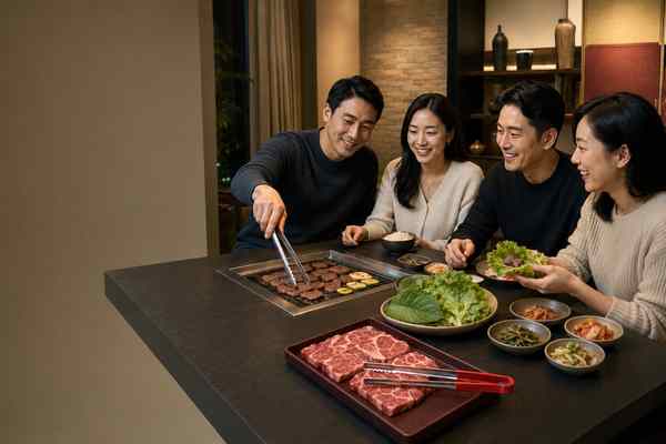 Four adults gather around an inset grill; red-handled tongs rest on a separate tray of raw marbled beef while stainless tongs handle browned beef beside lettuce, perilla, rice, and banchan.