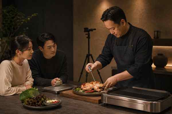 A person in a chef's apron probes a whole roasted chicken with a digital thermometer as two people watch; a tripod camera and stainless tabletop grill are nearby.